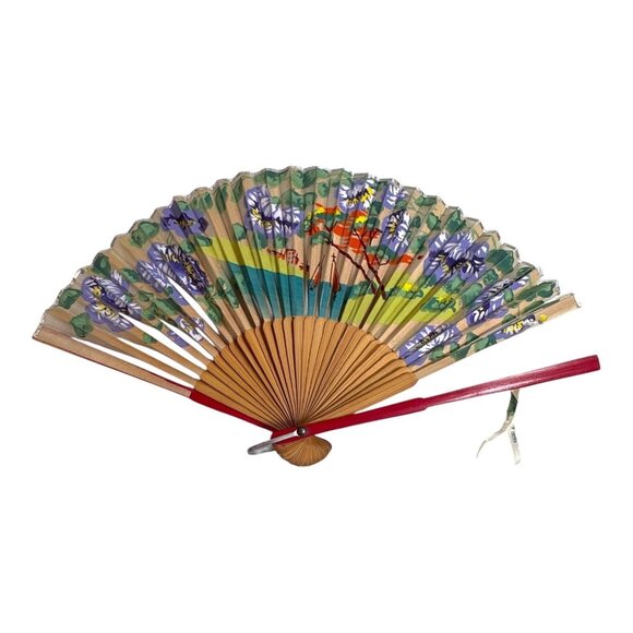 Vintage Hand-Painted Wooden Folding Fan Purple Wisteria Floral Landscape READ - Picture 1 of 10